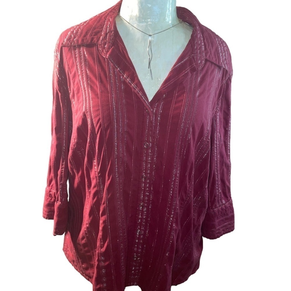 Pre-loved vintage, maroon, metallic silver striped shirt with snaps size 18/20